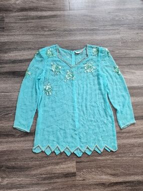 Embellished Turquoise Women's Tunic Sheer Top Long Sleeve Beaded  Sequin Top